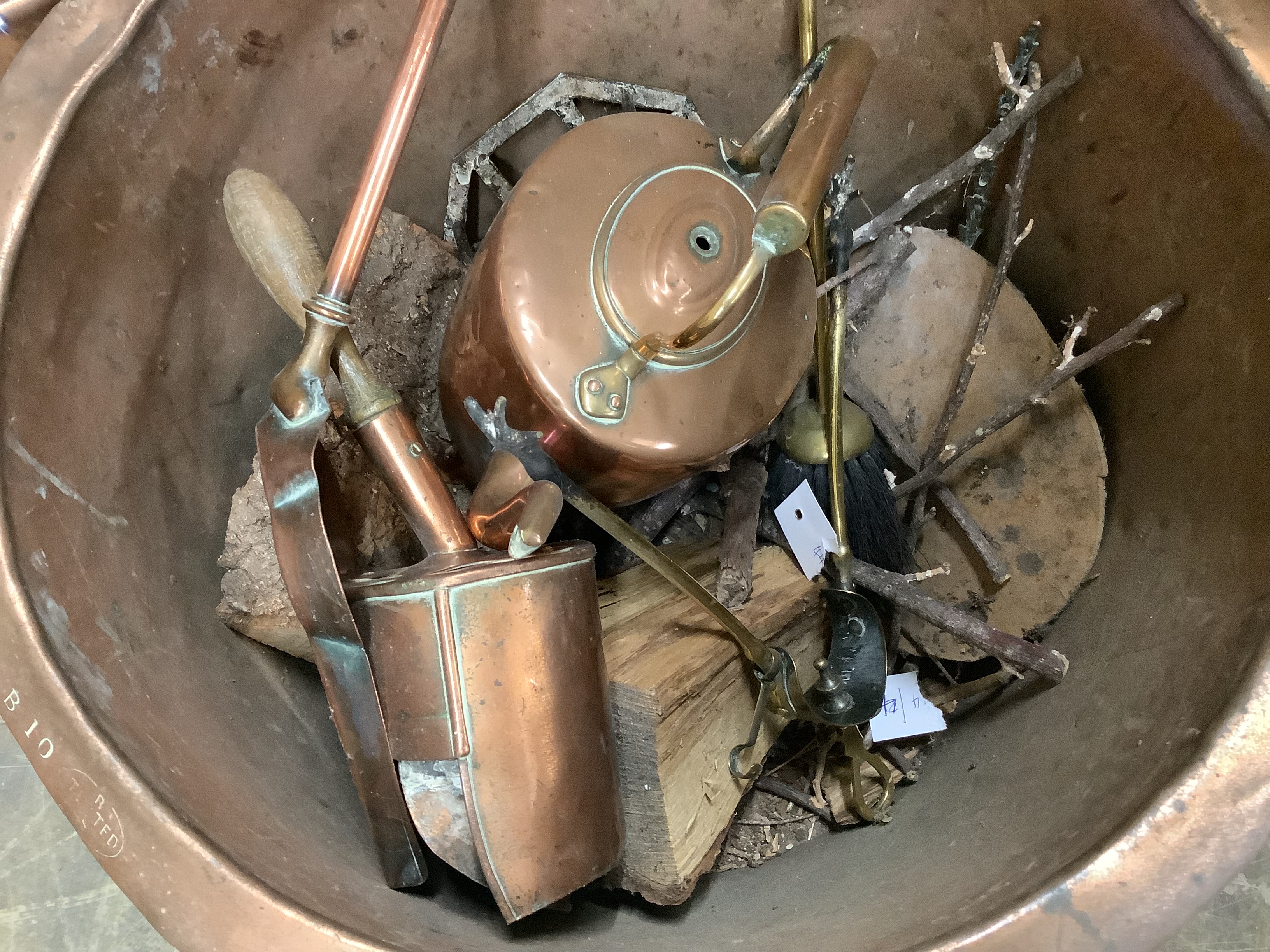 A Victorian copper copper, 49cm diameter, coal scuttle, kettle and assorted implements